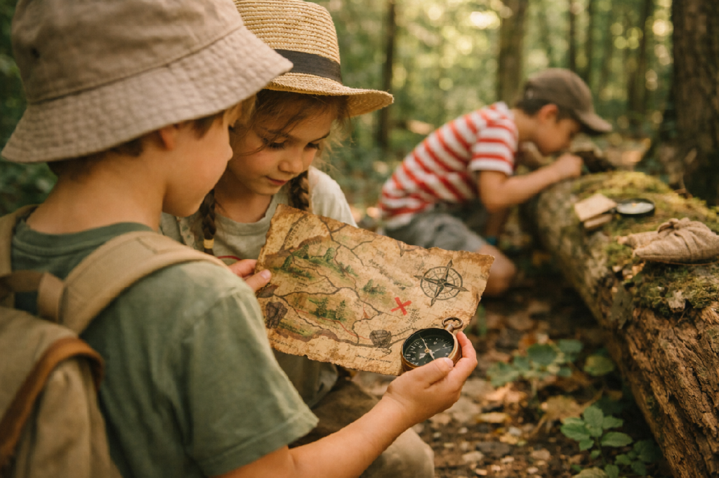 Enfants explorant une forêt à la recherche d'indices lors d'un jeu de piste nature