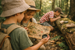 Enfants explorant une forêt à la recherche d'indices lors d'un jeu de piste nature