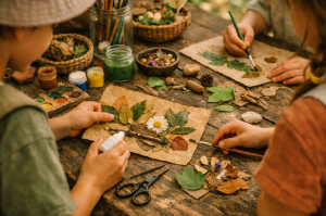 Enfant réalisant un collage avec des feuilles et éléments naturels lors d'un atelier créatif