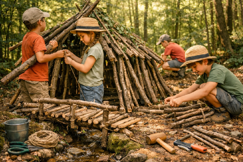 Enfants construisant une cabane en bois lors d'un atelier petits bâtisseurs