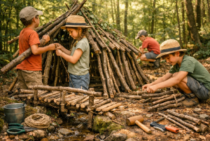 Enfants construisant une cabane en bois lors d'un atelier petits bâtisseurs