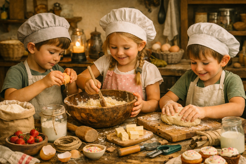 Enfants préparant une pâtisserie ensemble lors d'un atelier cuisine