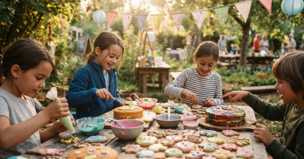 Enfants cuisinant ensemble lors d'un anniversaire thématique cuisine
