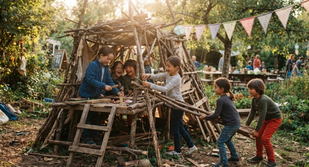 Enfants construisant une structure en bois lors d'un anniversaire thématique construction
