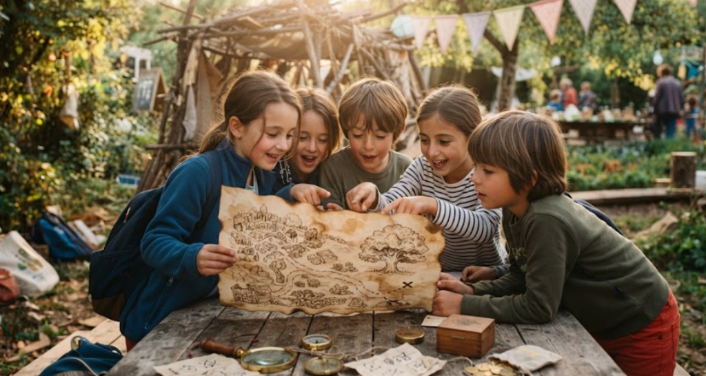 Enfants participant à une chasse au trésor lors d'un anniversaire thématique