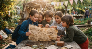 Enfants participant à une chasse au trésor lors d'un anniversaire thématique
