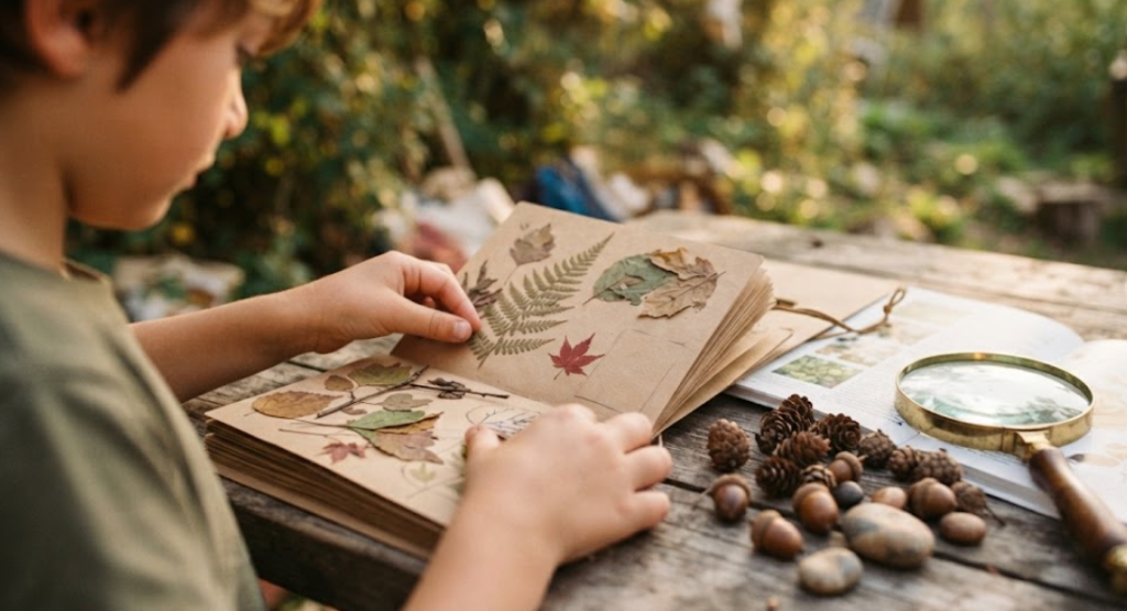 Enfant composant un herbier avec des plantes cueillies en extérieur