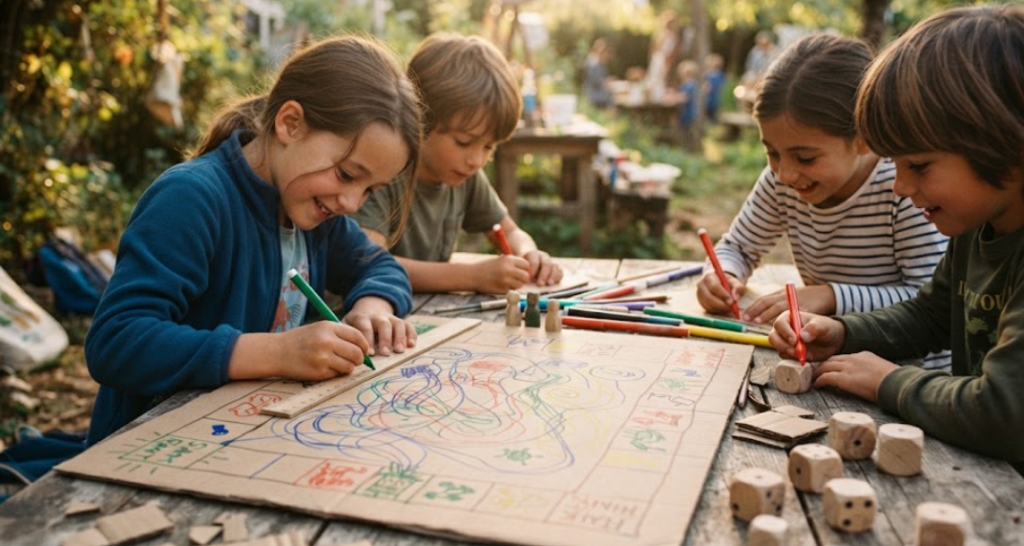 Groupe d'enfants jouant à un jeu de société autour d'une table