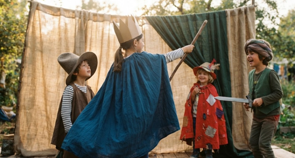 Enfants sur scène lors d'un atelier de théâtre et d'expression